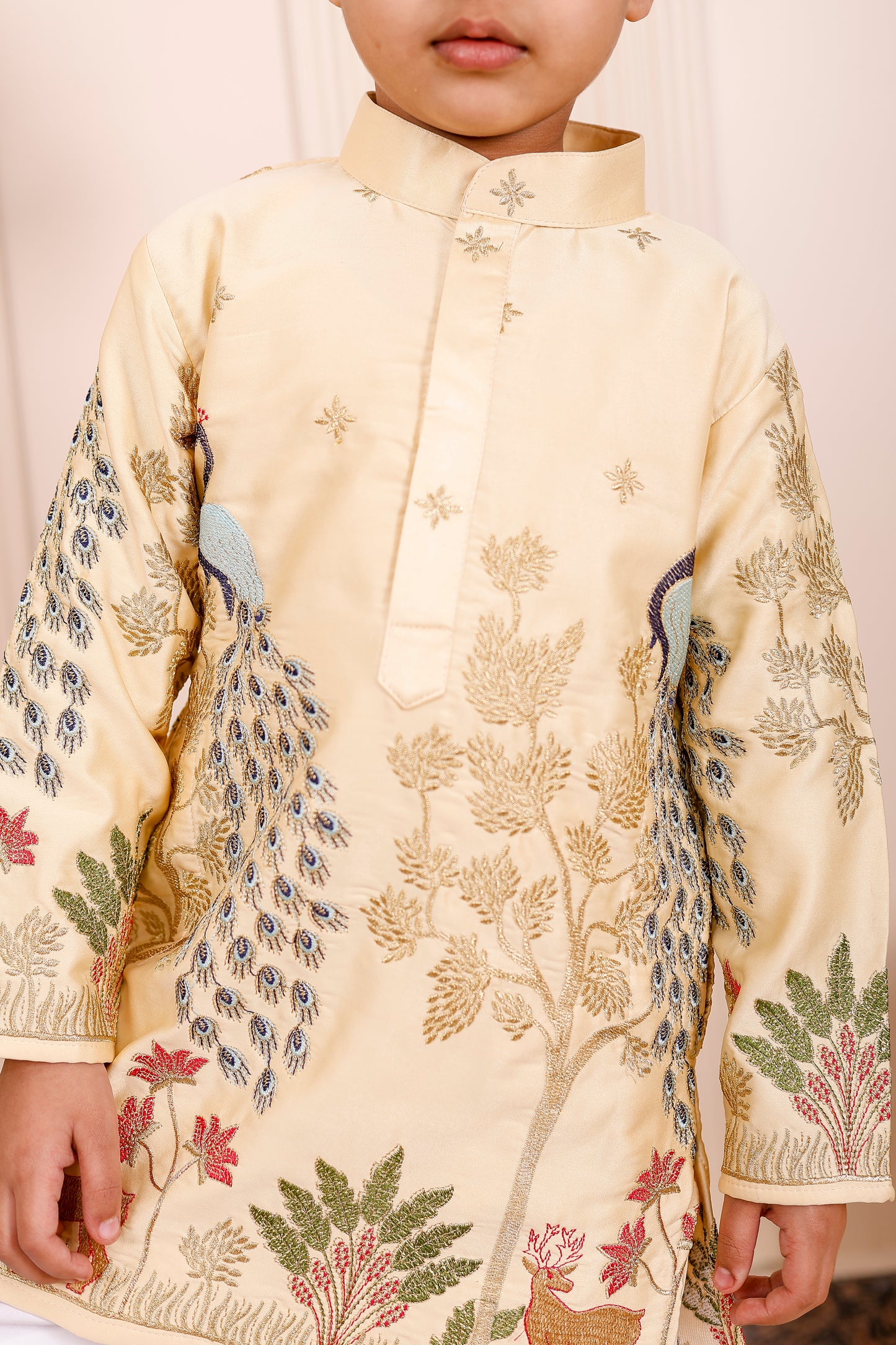 Father-Son Yellow Peacock Embroidered Kurta Pajama Combo Set