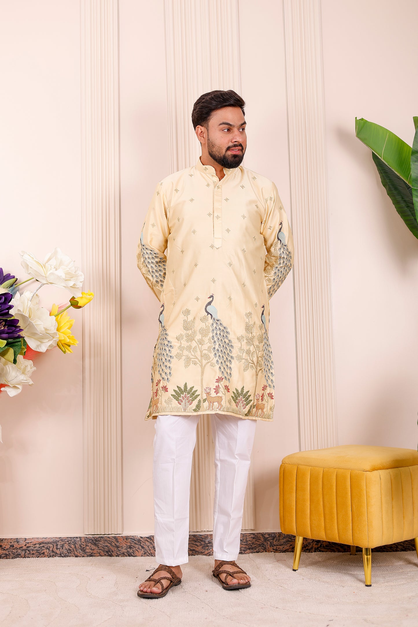 Father-Son Yellow Peacock Embroidered Kurta Pajama Combo Set
