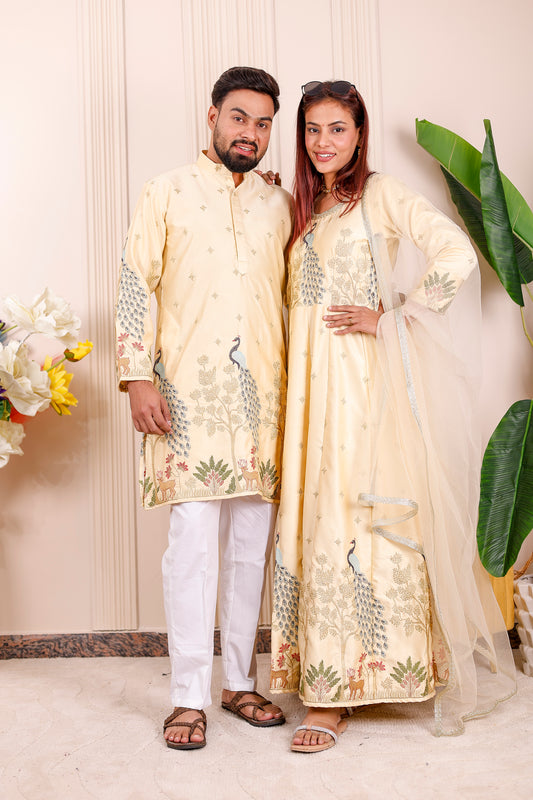 Champagne Yellow Peacock Embroidered Ethnic | Couple Matching Outfit