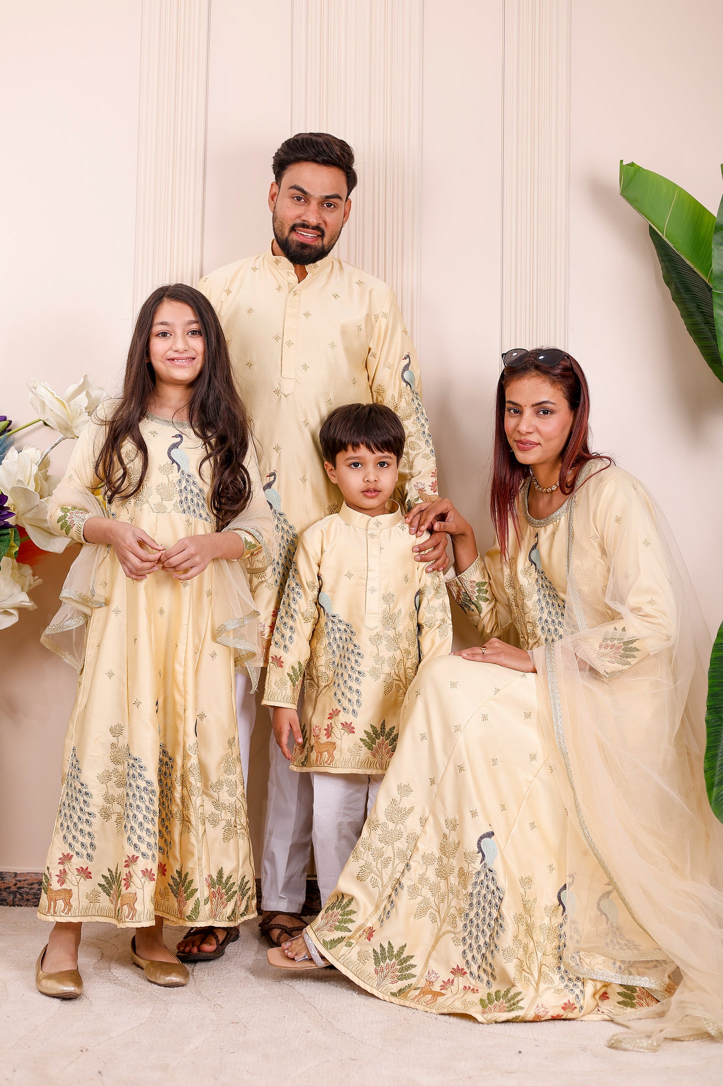 Champagne Yellow Peacock Embroidered Family Matching Outfit 🦚✨👨‍👩‍👧‍👦