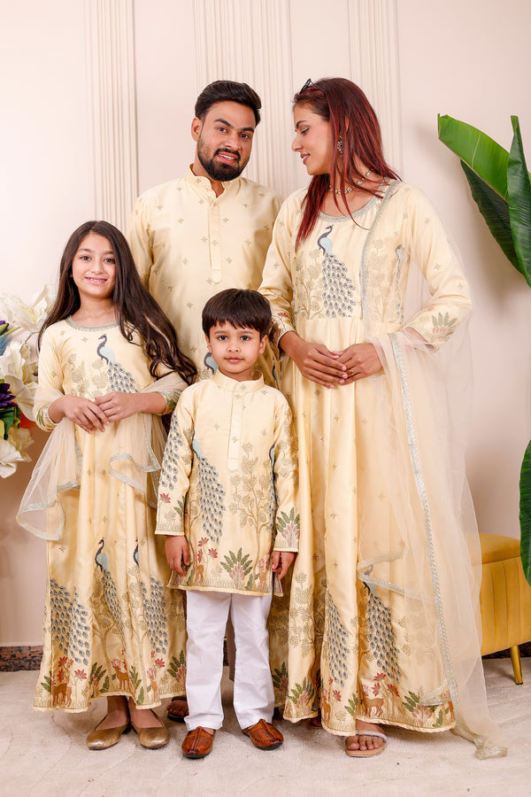 Champagne yellow family matching outfits with peacock embroidery for parents and kids 