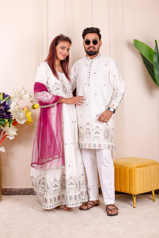 White Heritage Embroidered Ethnic | Couple Matching Outfit