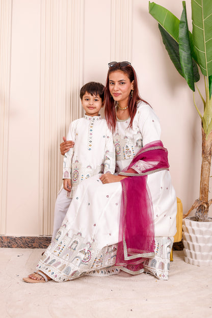 White Heritage Embroidered Family Matching Outfit🦚✨👨‍👩‍👧‍👦