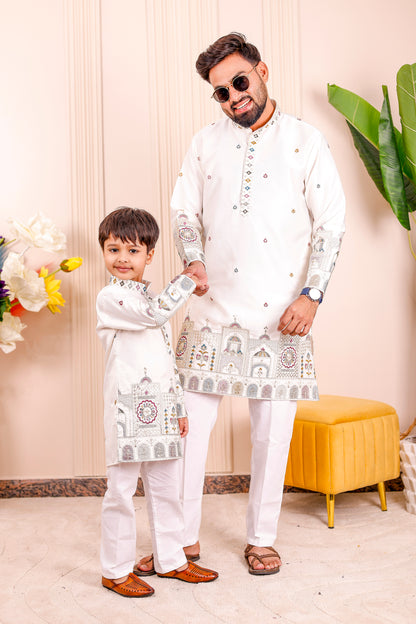 Father-Son Ivory Heritage Embroidered Kurta Pajama Combo Set