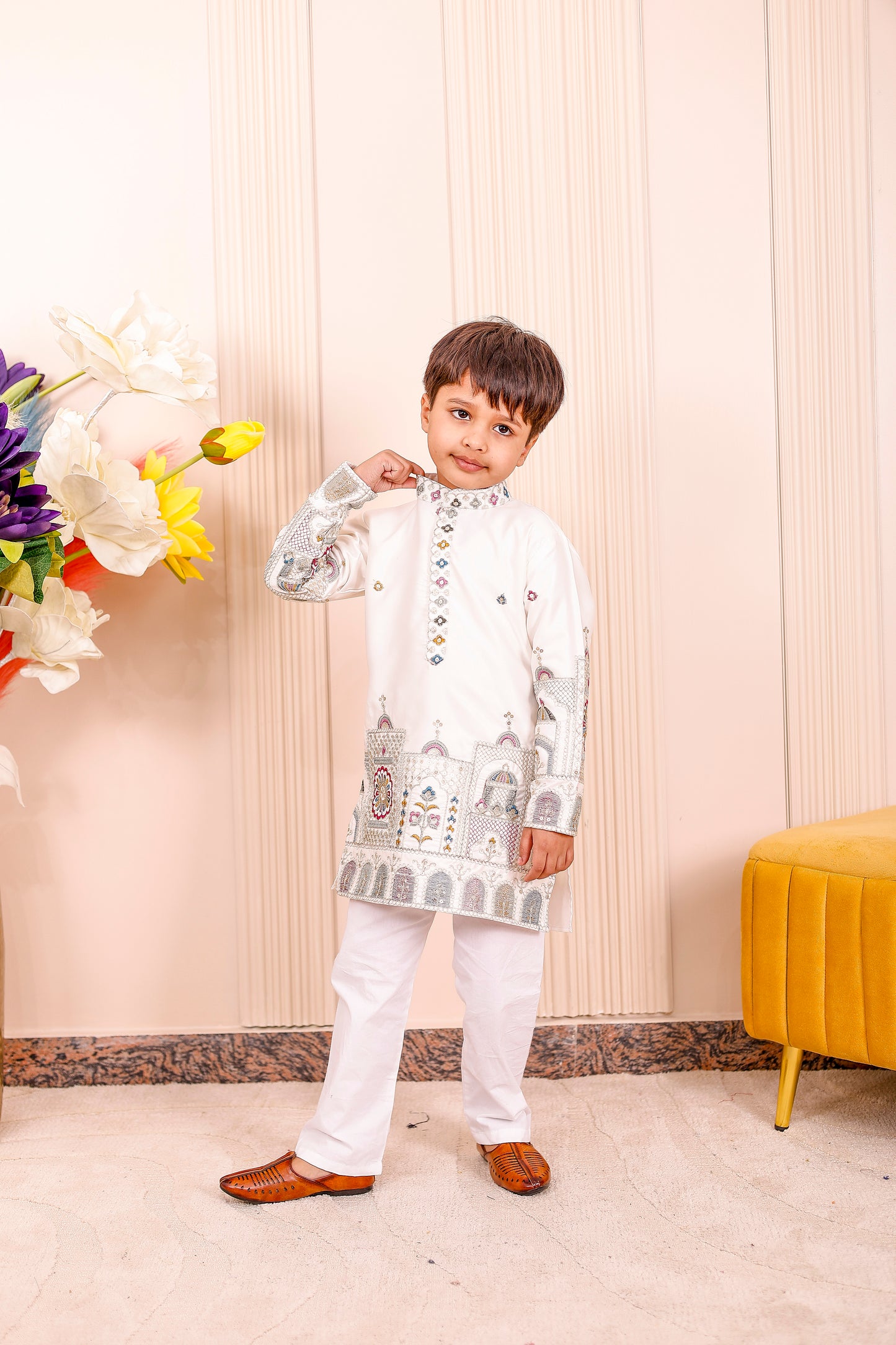 White Heritage Embroidered Family Matching Outfit🦚✨👨‍👩‍👧‍👦