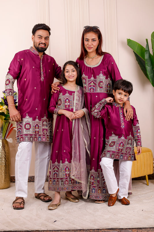Purple Heritage Embroidered Family Matching Outfit 🍷✨👨‍👩‍👧‍👦