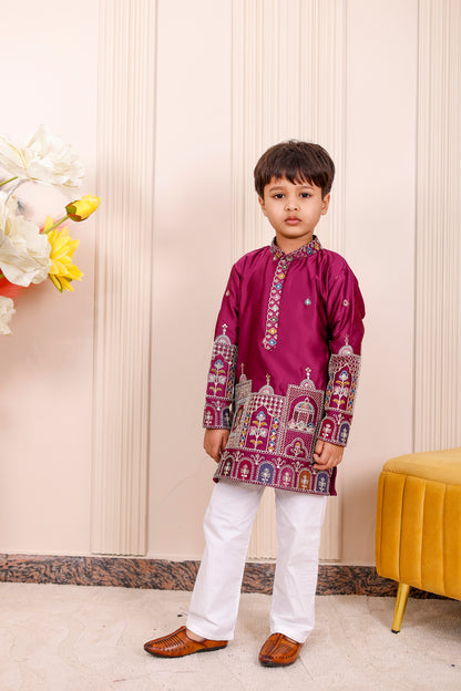 Father-Son Purple Heritage Embroidered Kurta Pajama Combo Set