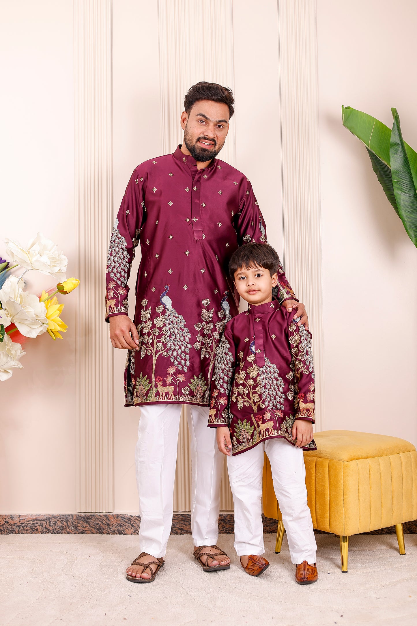 Wine Peacock Embroidered Family Matching Outfit ✨🦚