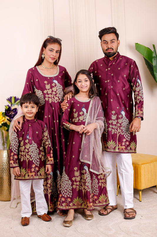 Wine Peacock Embroidered Family Matching Outfit ✨🦚