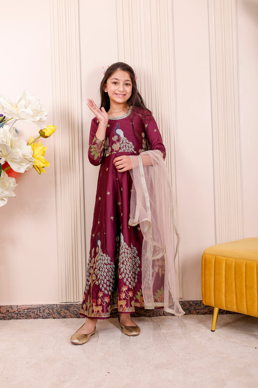 Wine Peacock Embroidered Girl dress Outfit Set ✨🦚