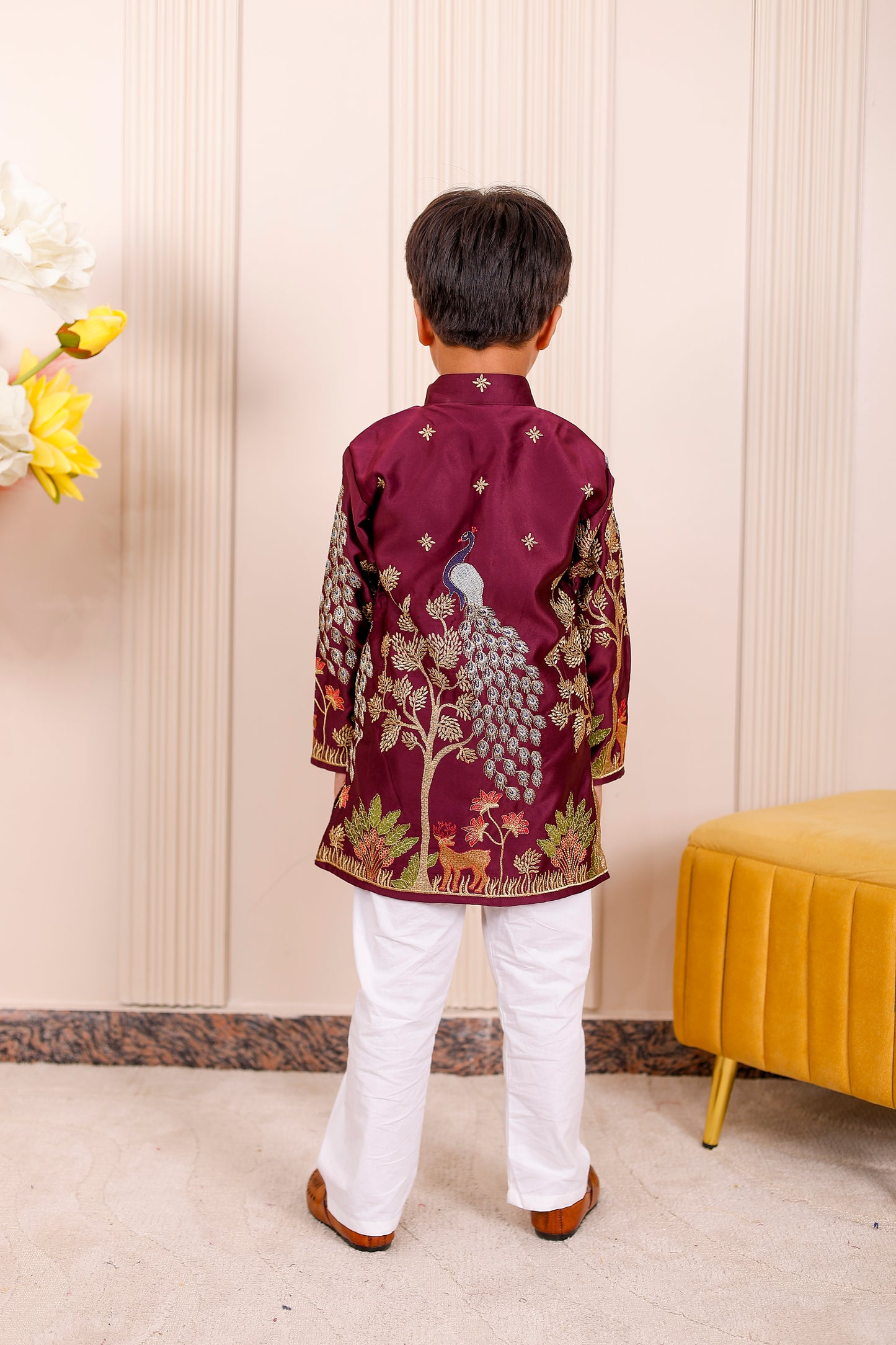 Wine Peacock Embroidered Boy Kurta Pajama Set ✨🦚
