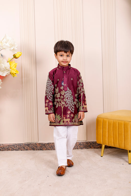 Wine Peacock Embroidered Boy Kurta Pajama Set ✨🦚
