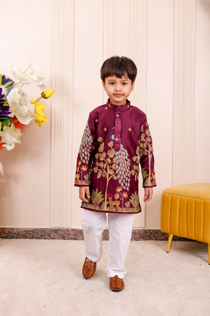 Father-Son Wine Peacock Embroidered Kurta Pajama Combo Set