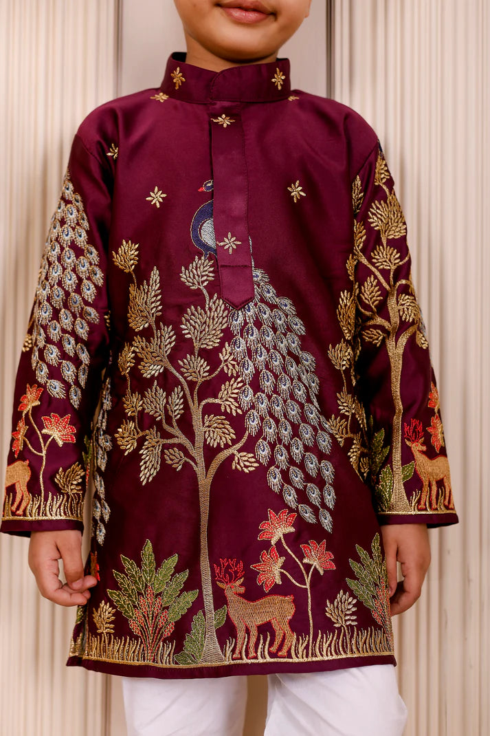 Wine Peacock Embroidered Brother & Sister Outfit