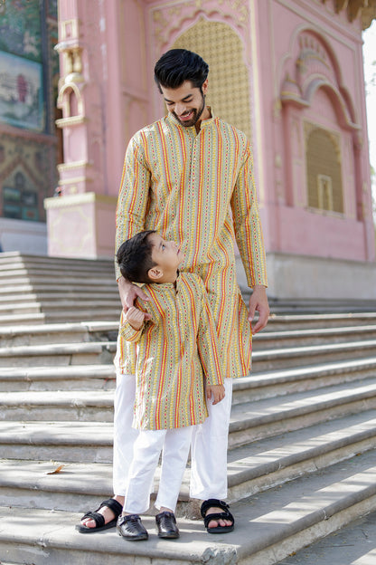 Father-Son Yellow Striped Kurta Pajama Combo Set