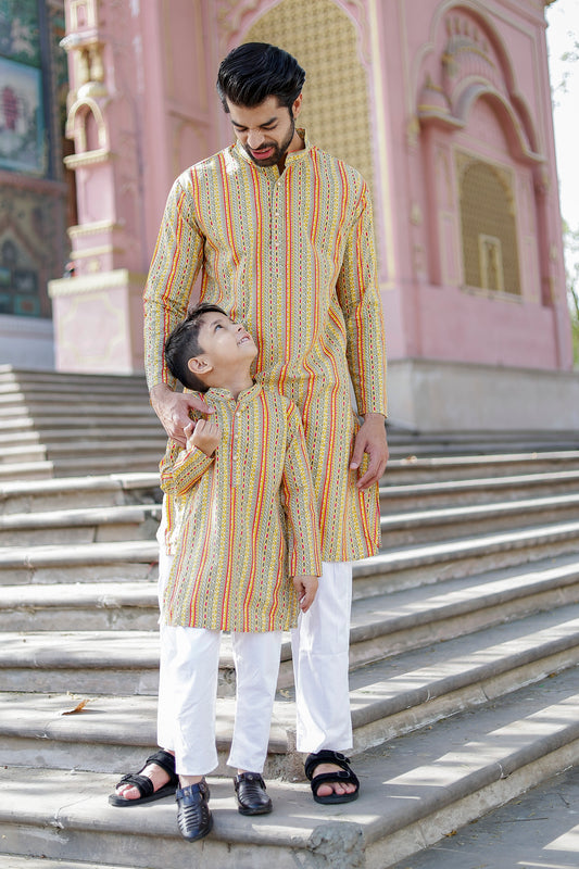 Father-Son Yellow Striped Kurta Pajama Combo Set – Matching Festive Ethnic Wear for Weddings & Diwali