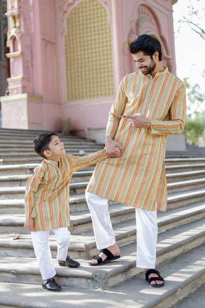 Father-Son Yellow Striped Kurta Pajama Combo Set