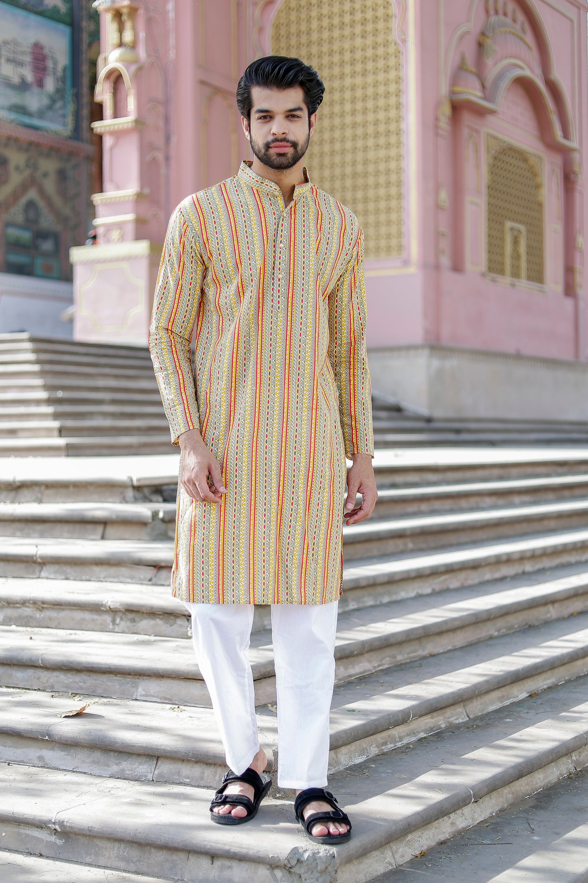  Men’s Yellow Striped Kurta Pajama – Premium Ethnic Wear for Weddings & Festivals