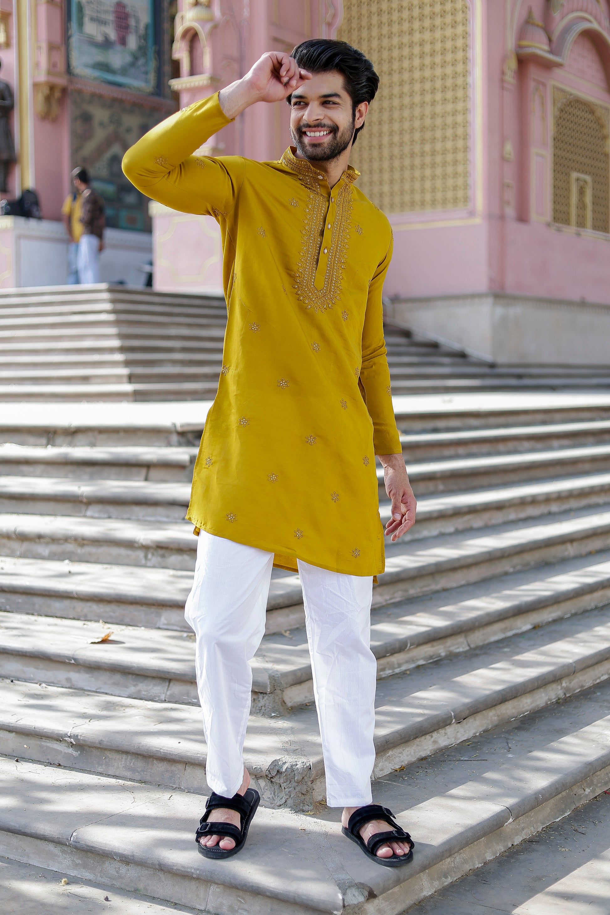 Men’s Yellow Embroidered Kurta Pajama – Traditional Festive Outfit for Weddings & Cultural Events