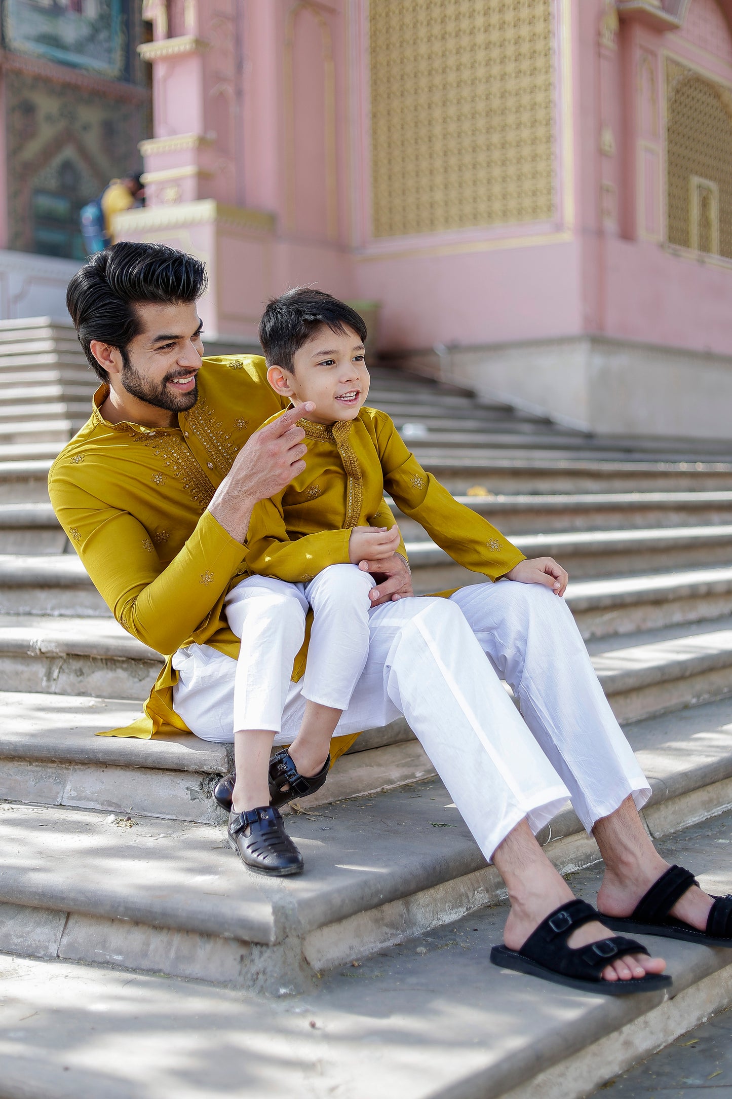 Father-Son Yellow Embroidered Kurta Pajama Combo Set
