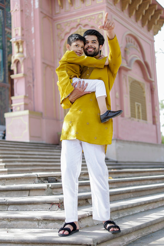Father-Son Yellow Embroidered Kurta Pajama Combo Set – Matching Premium Ethnic Wear for Festivals & Weddings