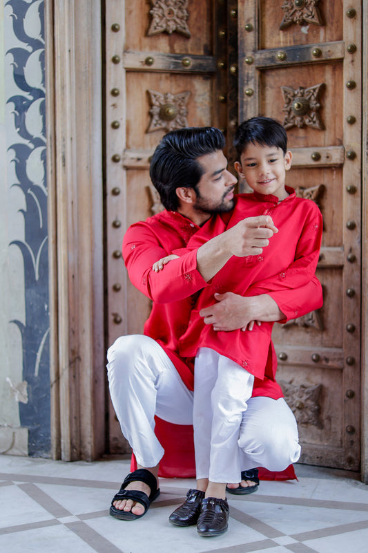 Father-Son Red Embroidered Kurta Pajama Combo Set – Matching Traditional Outfit for Weddings & Festivals