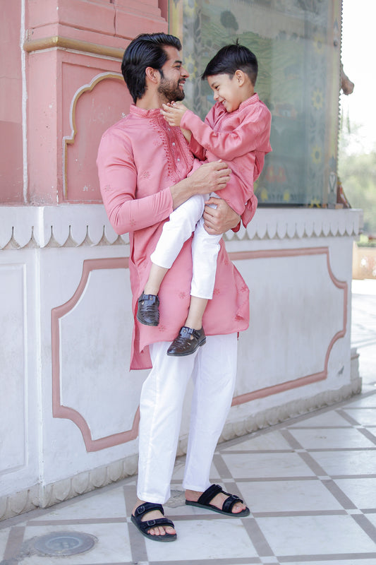 Father-Son Pink Thread Embroidered Kurta Pajama Combo Set – Men & Boy Matching Outfit