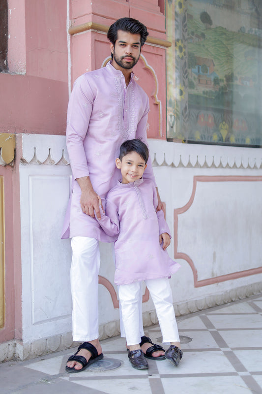 Lavender elegance for dad and son: perfect festive kurta pajama combos with custom sizing, delivered across India.