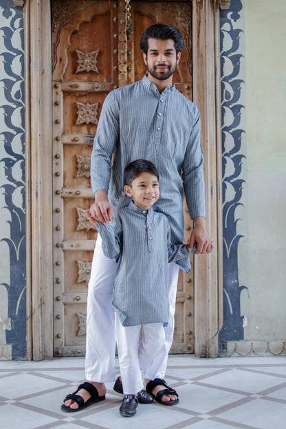 Father-Son Steel Grey Stripe Kurta Pajama Combo Set – Matching Ethnic Wear for Weddings & Diwali