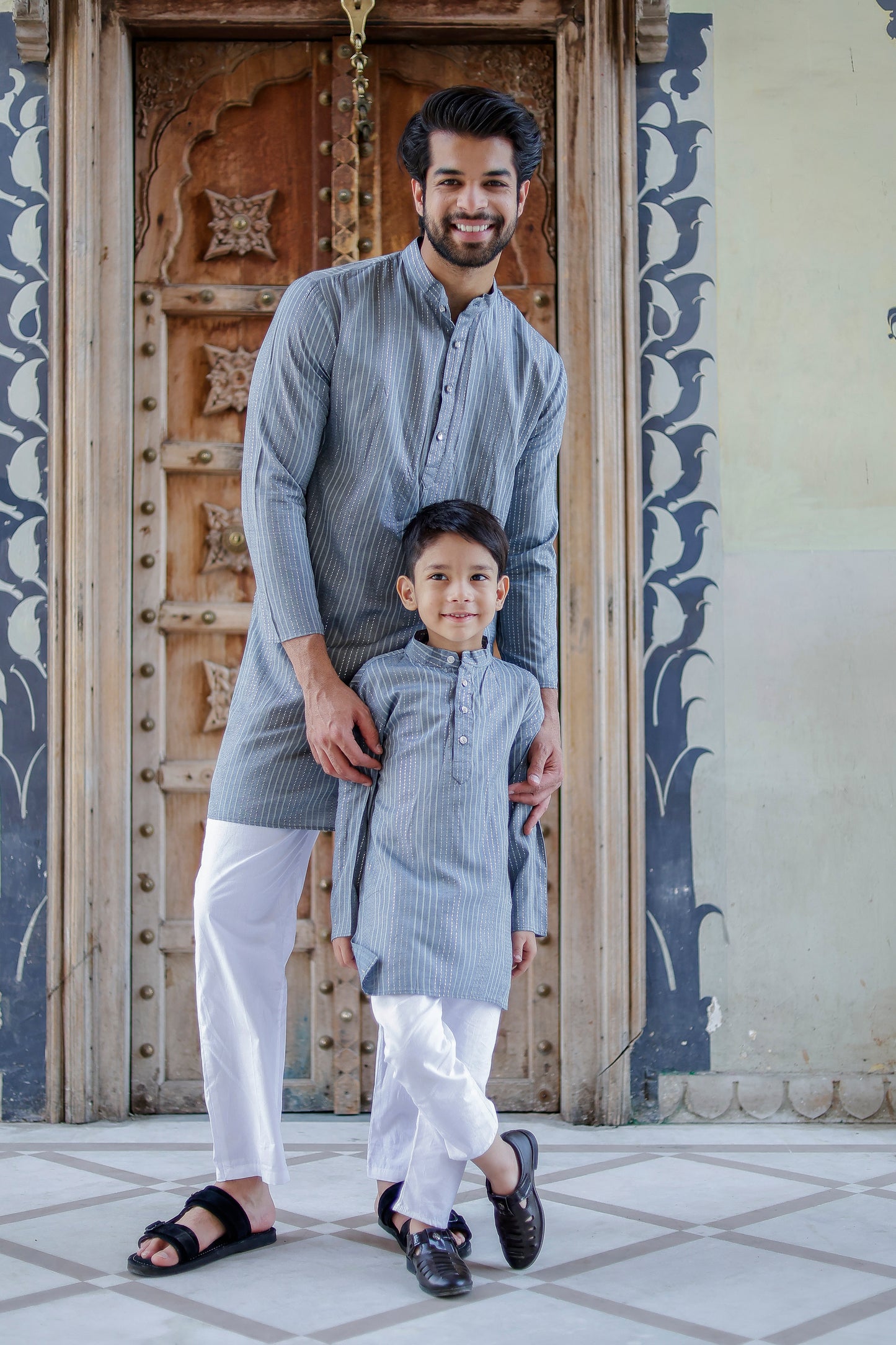 Father-Son Steel Grey Stripe Kurta Pajama Combo Set