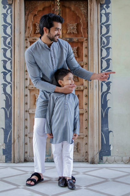 Father-Son Steel Grey Stripe Kurta Pajama Combo Set
