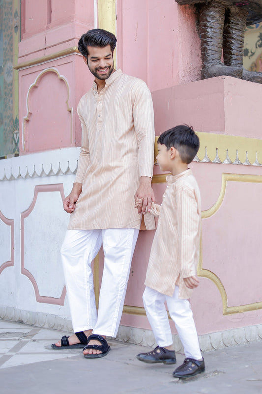 Combo (Main): Father-Son Beige Striped Kurta Pajama Combo Set – Elegant Twinning Outfit for Weddings & Festivals