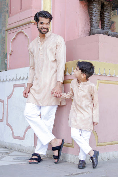 Father-Son Beige Striped Kurta Pajama Combo Set