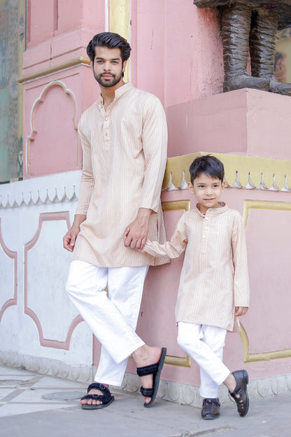 Father-Son Beige Striped Kurta Pajama Combo Set