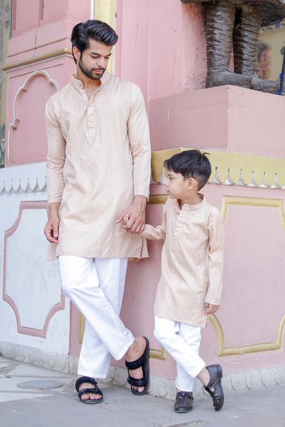 Father-Son Beige Striped Kurta Pajama Combo Set