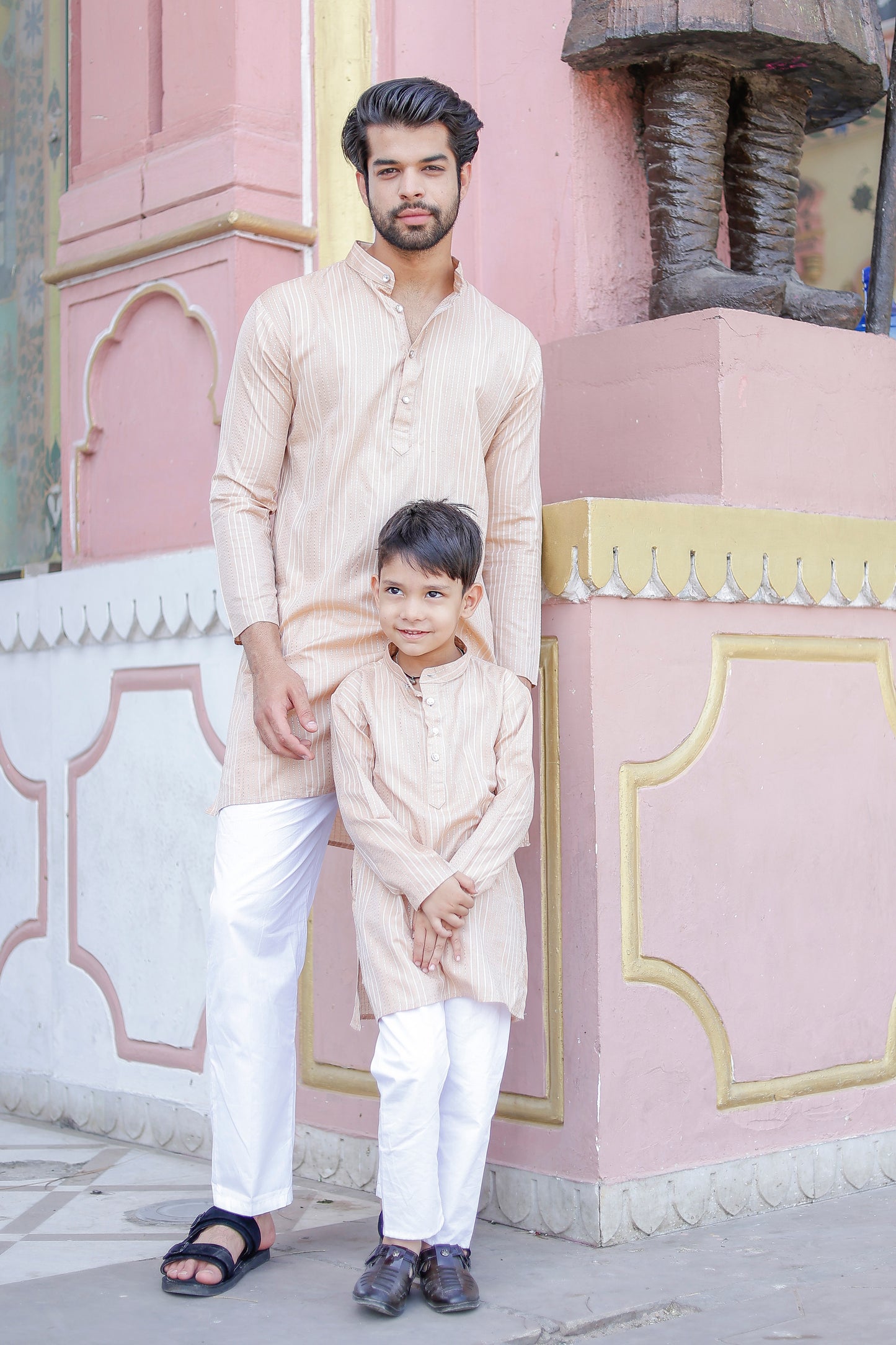 Father-Son Beige Striped Kurta Pajama Combo Set