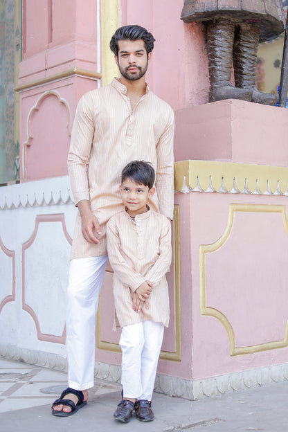 Father-Son Beige Striped Kurta Pajama Combo Set