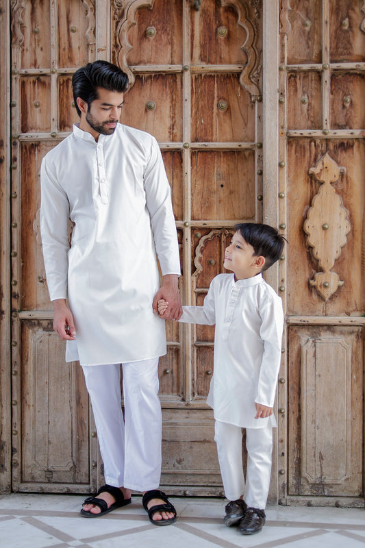 Combo Set (Main): Father-Son Classic White Kurta Pajama Combo Set – Elegant Matching Outfit for Weddings & Festivals