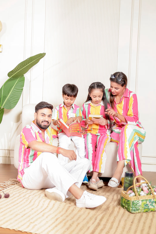 Modern Color Carnival family combo in digital print—matching cotton co-ord set and shirts for parents and kids. Stylish family twinning outfit for festive events, photoshoots, Rakhi, and everyday celebrations.