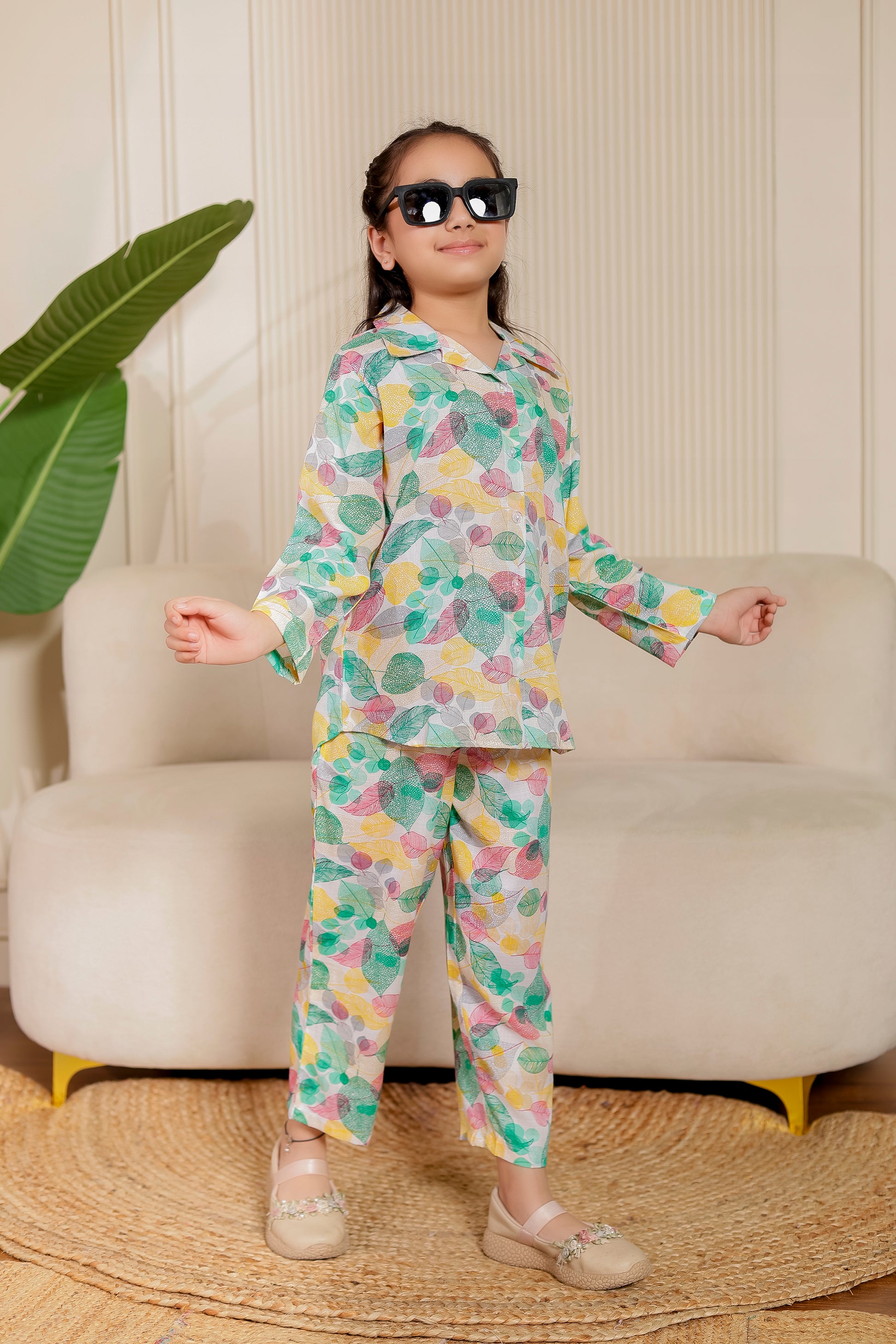 Girls co-ord set in cotton with leafy pink print from Leafy Love – stylish and comfy twinning outfit for festive, casual, and matching family days.