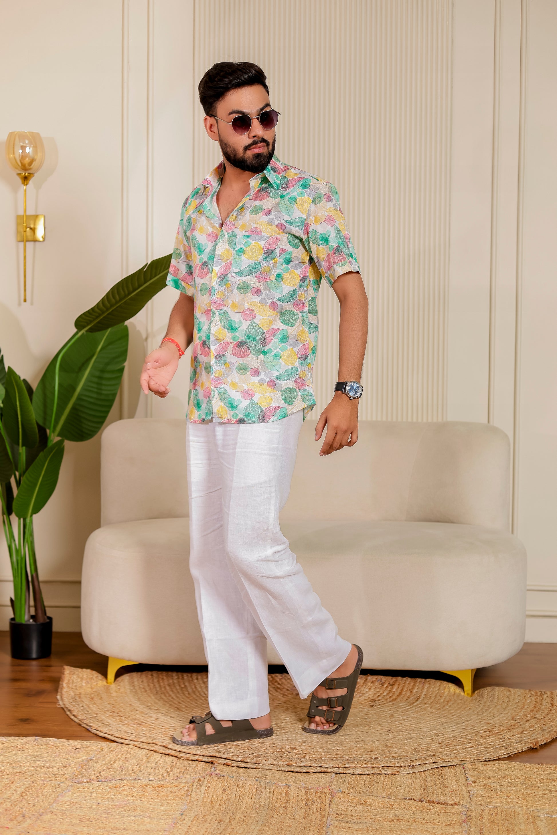 Men's cotton shirt in leafy textured pink print from Leafy Love – smart and breathable fabric perfect for couple twinning and family matching occasions.