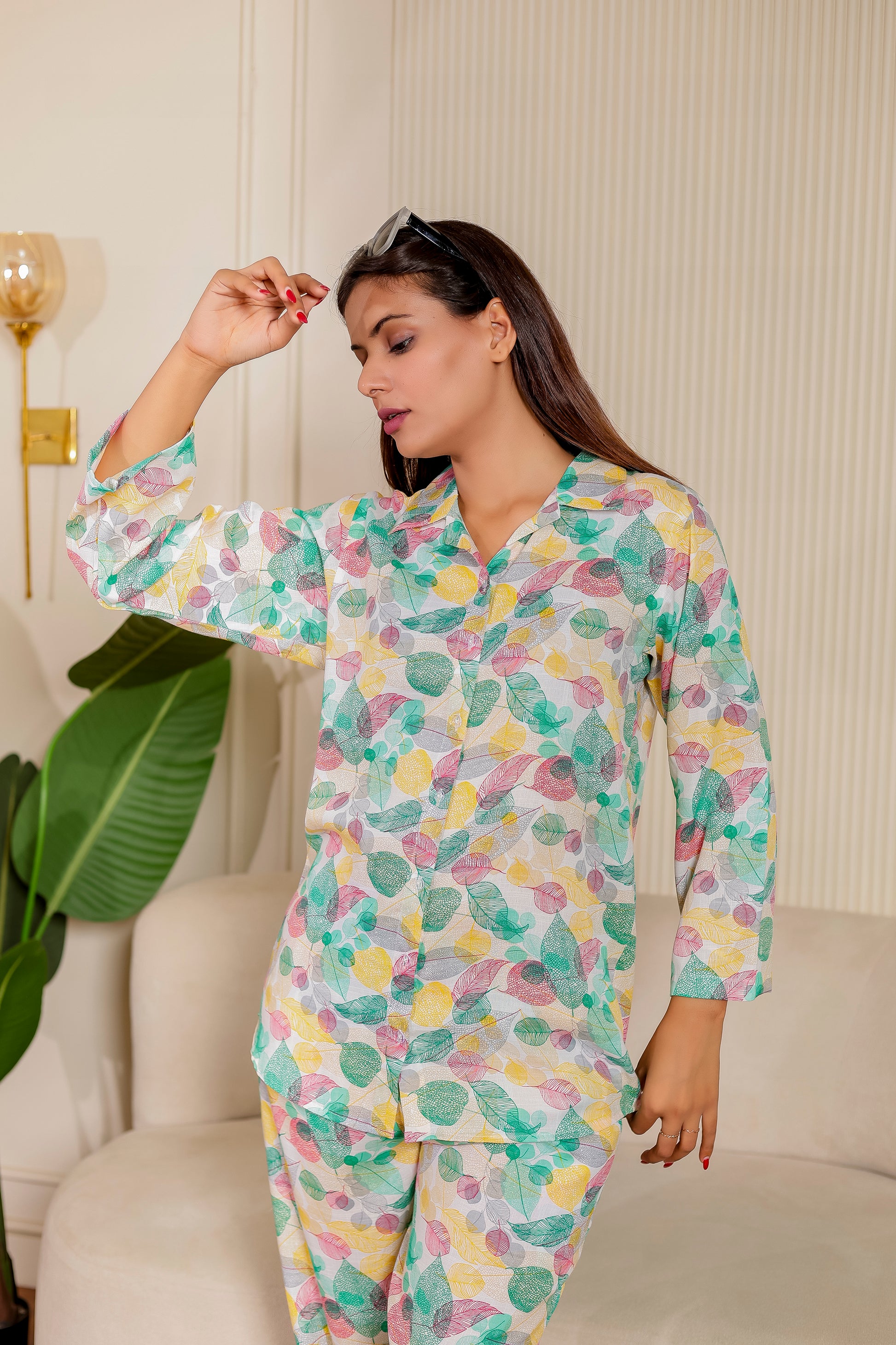 Women's co-ord set in pink leafy textured print from the Leafy Love collection – breathable cotton, perfect for summer twinning, casual days, and festive family looks.