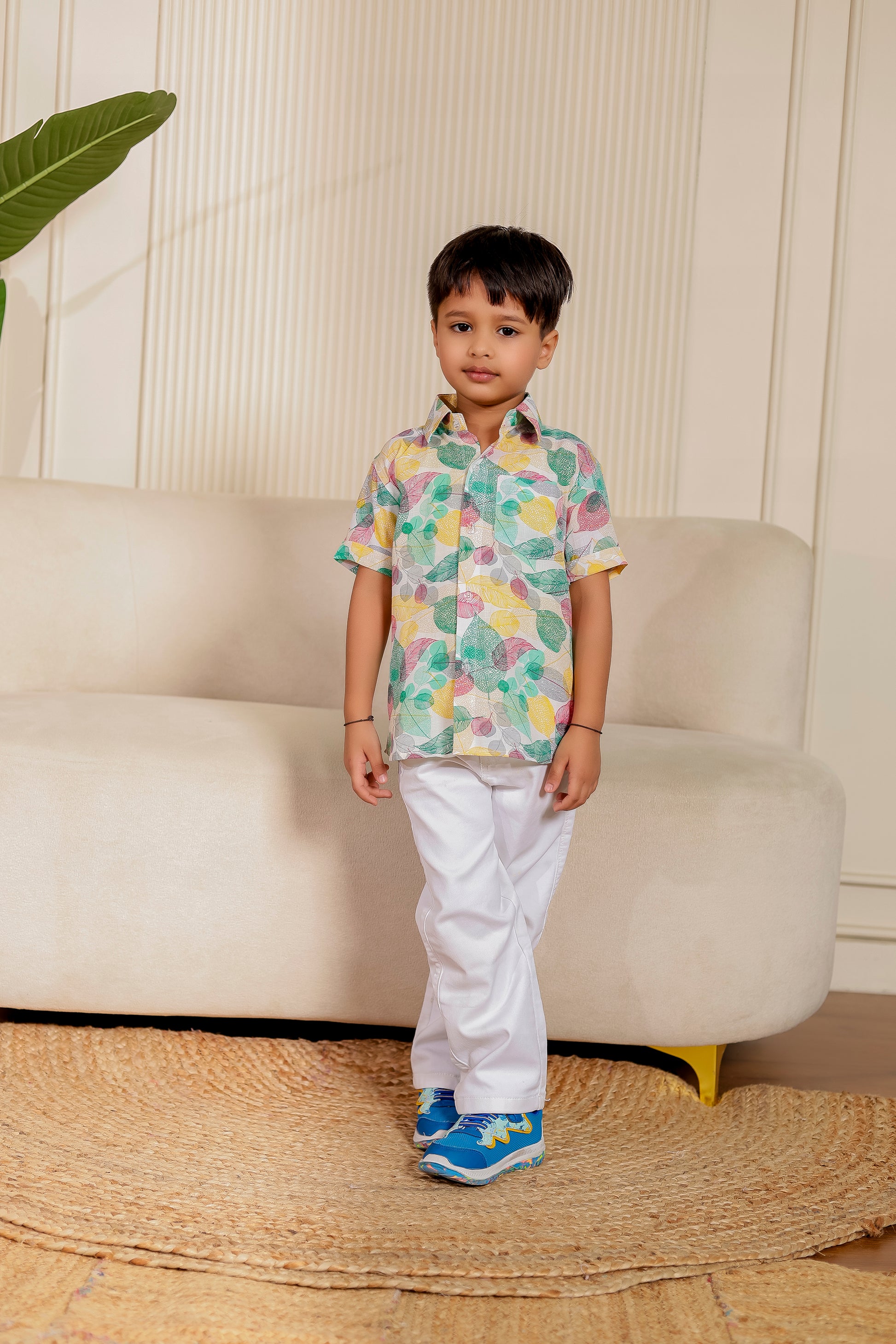 Boy's cotton shirt in pink leafy print from the Leafy Love family combo – cool and comfy festive shirt for twinning with parents or siblings.