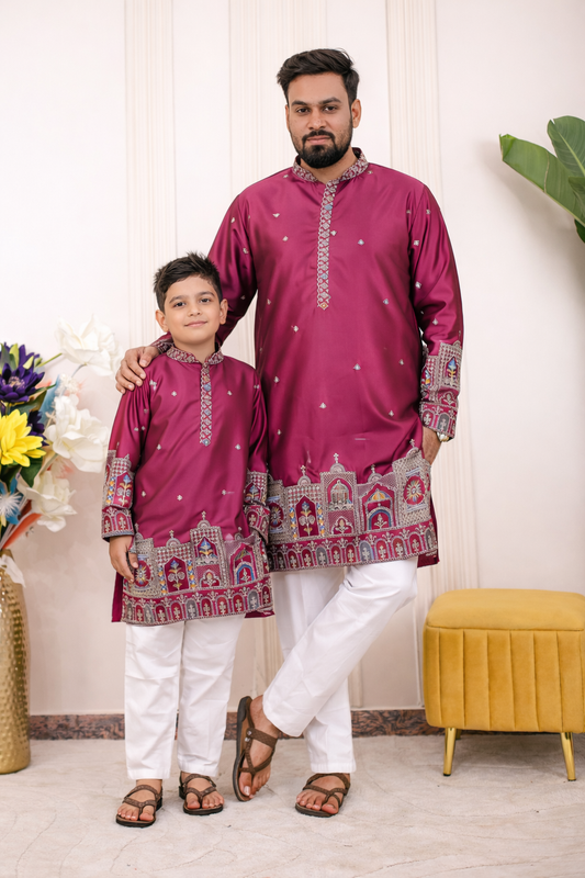 Father-Son Purple Heritage Embroidered Kurta Pajama Combo Set