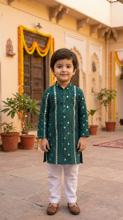 Father-Son Emerald Mirror Work Kurta Pajama Combo Set