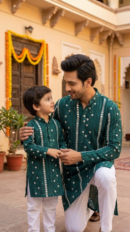 Father-Son Emerald Mirror Work Kurta Pajama Combo Set