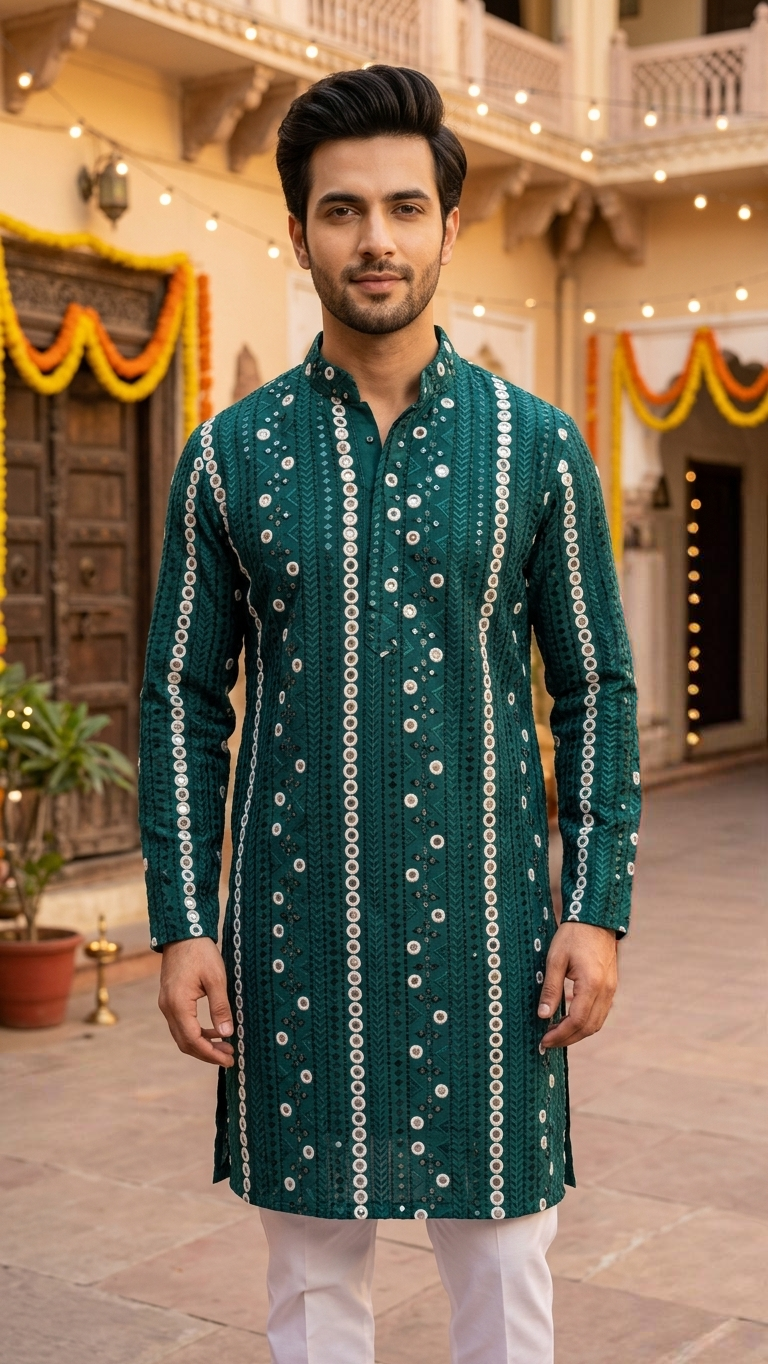 Father-Son Emerald Mirror Work Kurta Pajama Combo Set