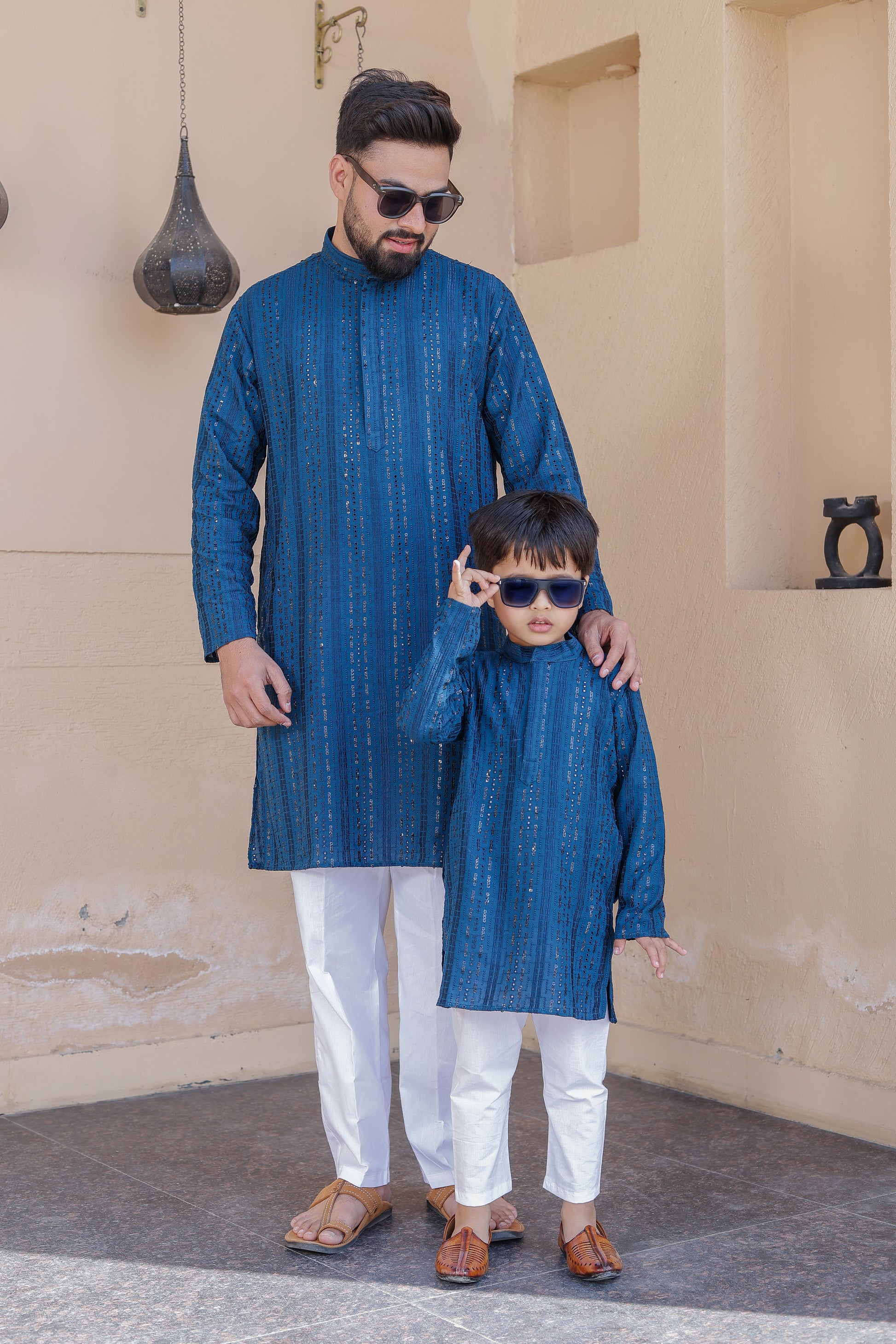 Father-Son Royal Blue Schiffli Kurta Pajama Combo Set S
