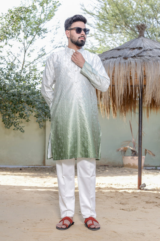 Men’s Green Tie & Dye Ombre Kurta Pajama – Premium Cotton Festive Outfit