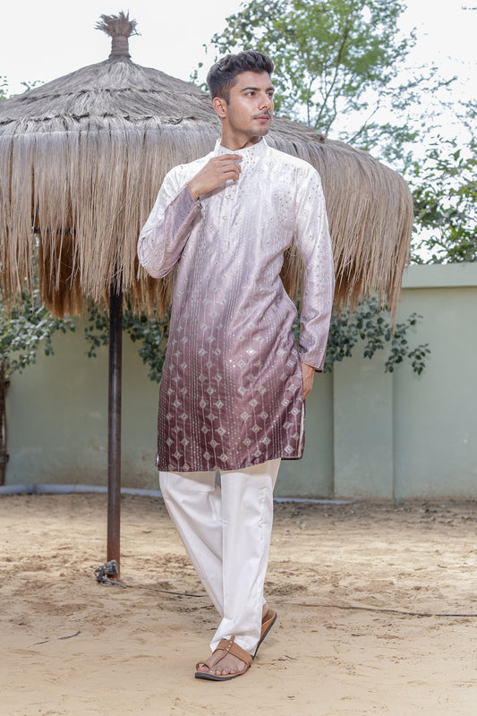 Men’s Brown Tie & Dye Ombre Kurta Pajama – Traditional Ethnic Wear for Weddings & Festive Occasion